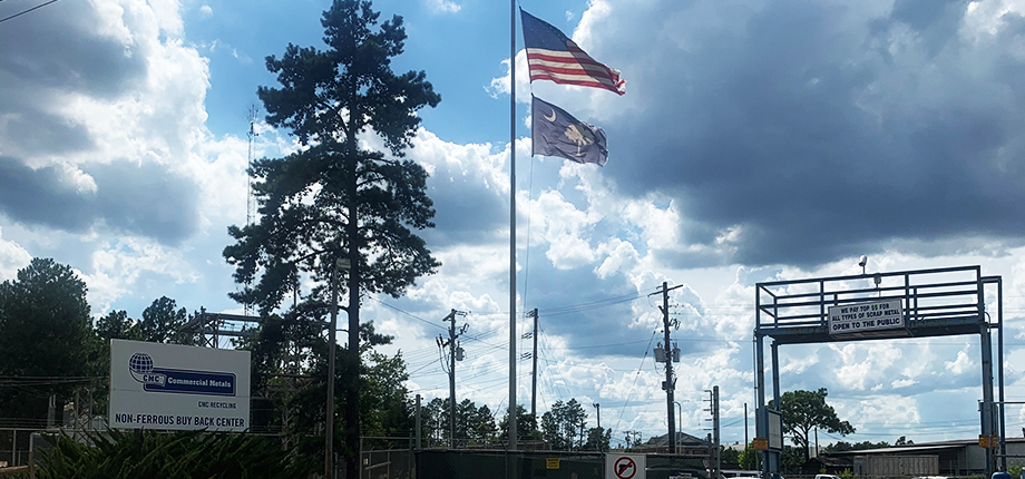 Overhead shot of sign and flags